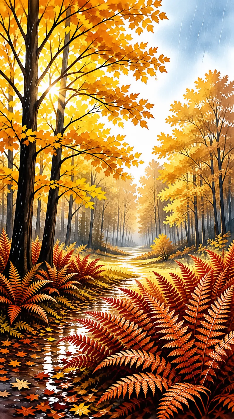 A winding trail through a yellow autumn woodland reflects the sky while rain falls on orange ferns.
