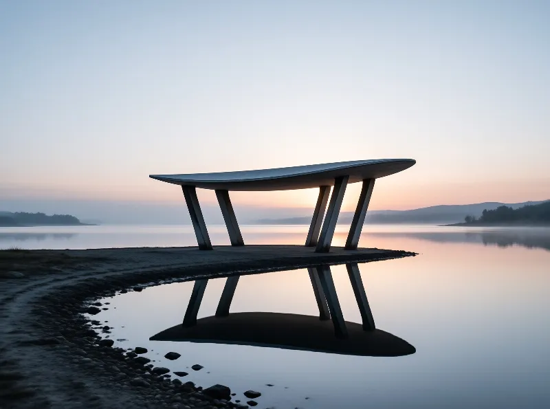 A modern sculpture stands on a narrow peninsula in a calm lake under a misty twilight sky with hills reflected below.