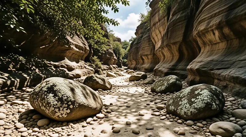 A dry riverbed scattered with pebbles leads through a gorge flanked by striated rock walls and leafy trees.