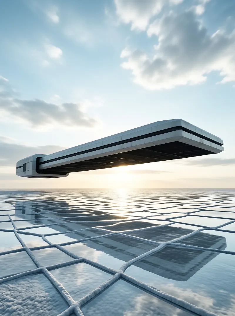 A suspended white platform hovers over a linear surface reflecting a bright sky and low sun.