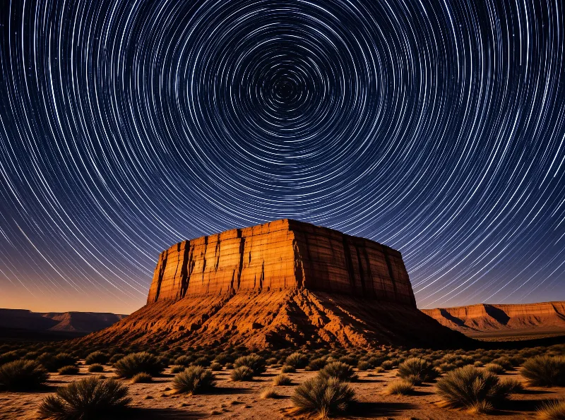 A massive orange rock structure rises from arid ground below a sky displaying white concentric orbital lines