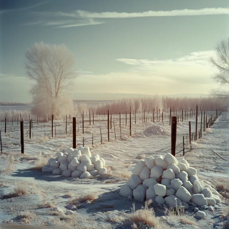 Two heaps of snow covered bags rest in a frosty fenced open field under soft pale dawn light over the distant foggy treeline.