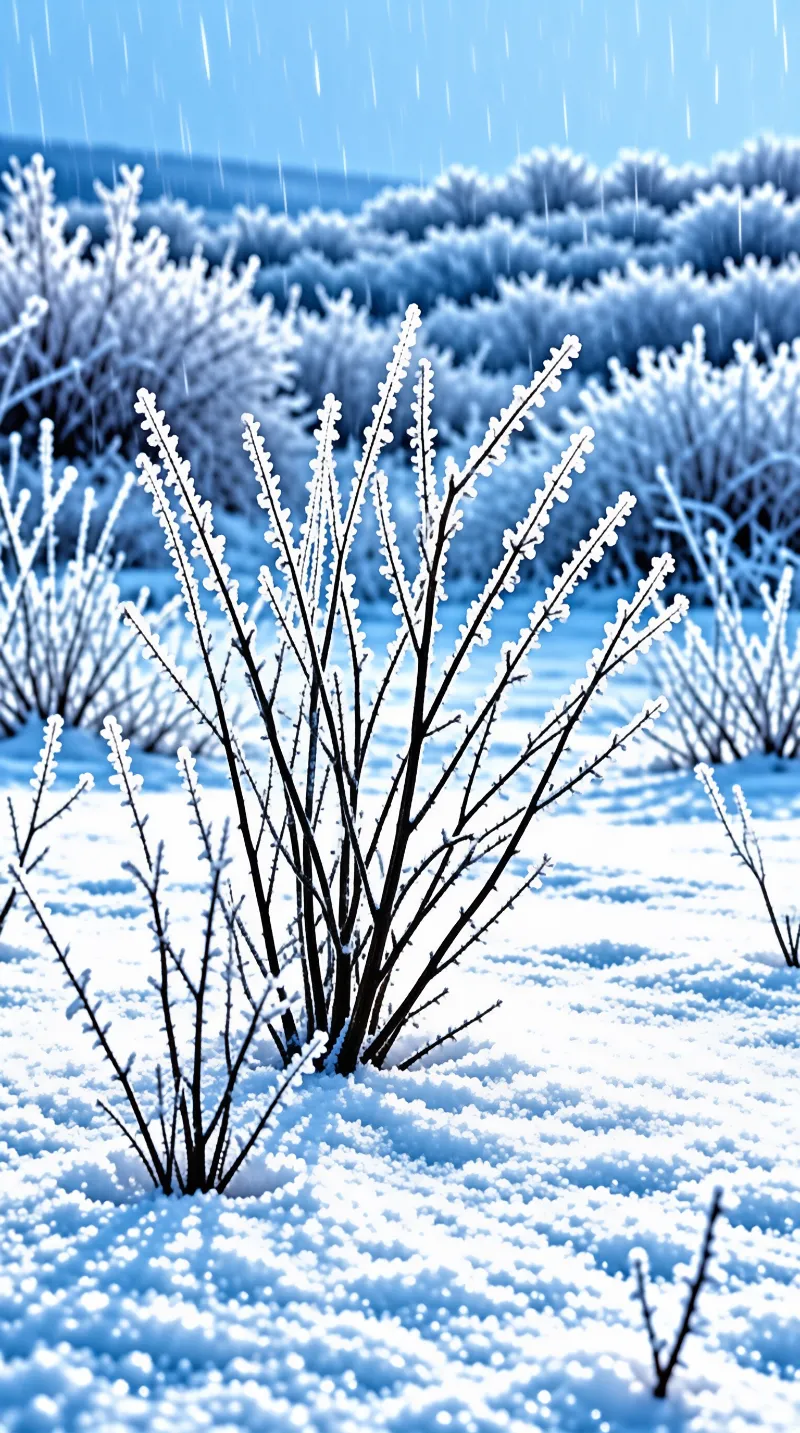Frost crystals encrust every dark twig of a lone shrub while fine snow falls over a blue winter field.