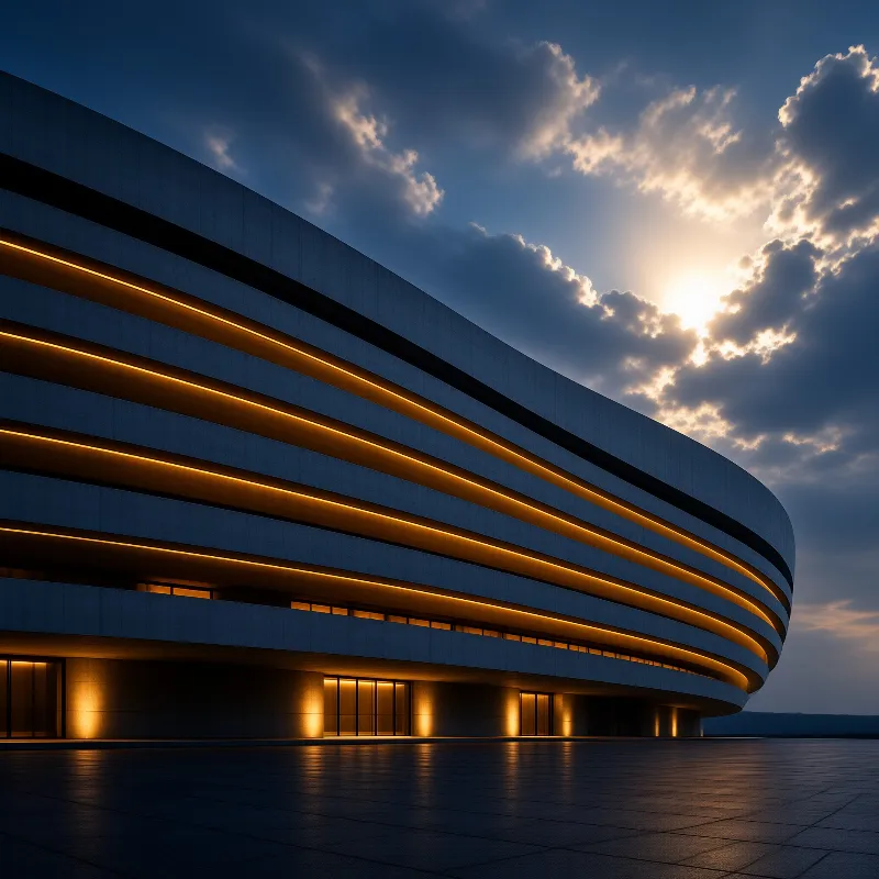 A curving concrete building with horizontal bands of warm light stands beside a wet empty plaza at twilight.