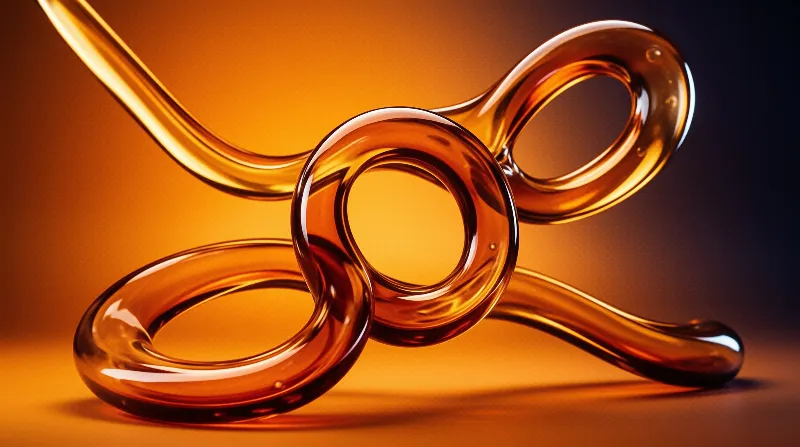 Thick amber syrup flows into intricate rings against a blurred orange background with high contrast lighting.