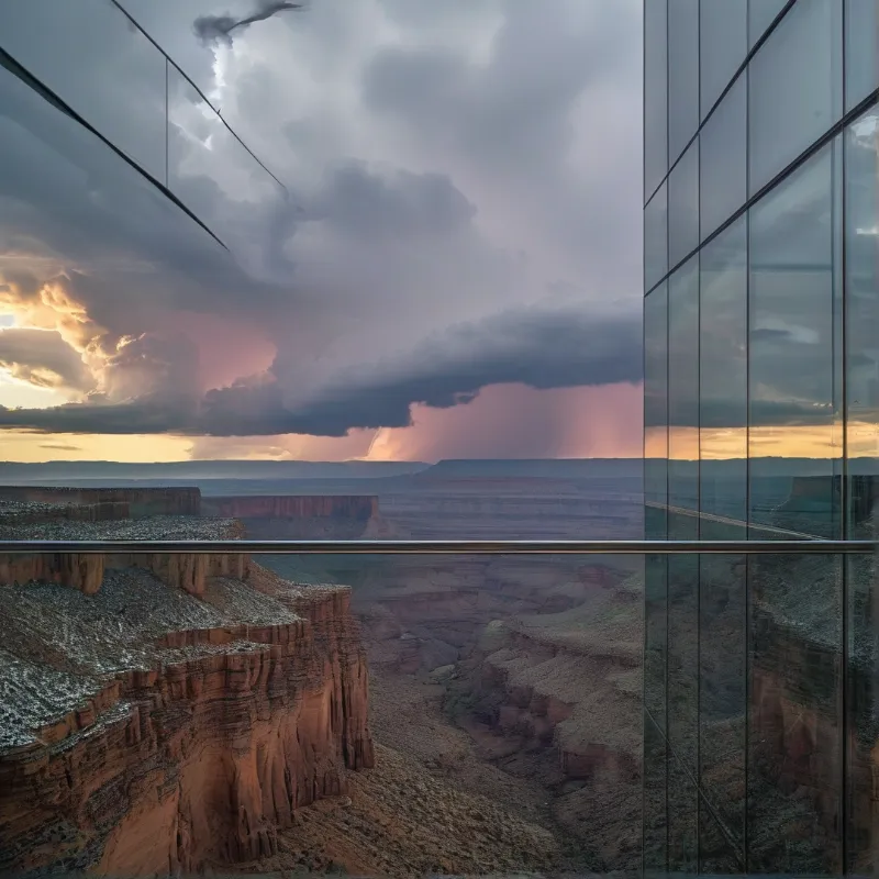 Floor-to-ceiling glass panels mirror a rain-heavy cloud mass rolling across layered red rock cliffs at dusk.