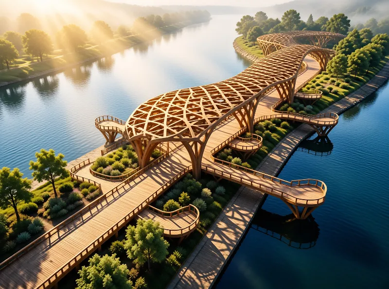 An undulating wooden walkway with a lattice roof crosses a quiet river bordered by lush green trees and shrubs while golden sunlight streams from the left casting long shadows across the path and water.