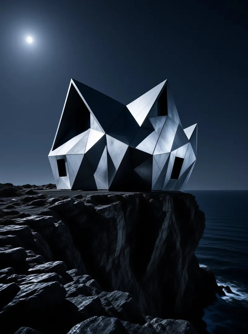 A geometric structure perched on a dark cliff overlooks the sea under a bright moon.