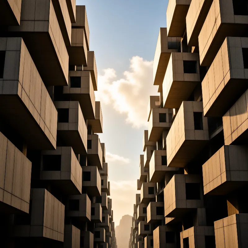 Rows of protruding concrete cubic blocks flank a narrow gap, warmed by low golden sun that lightens the hazy distant sky.