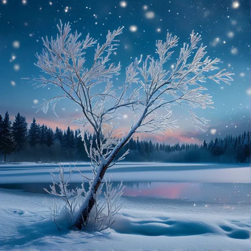 Frosty Tree in Winter Night