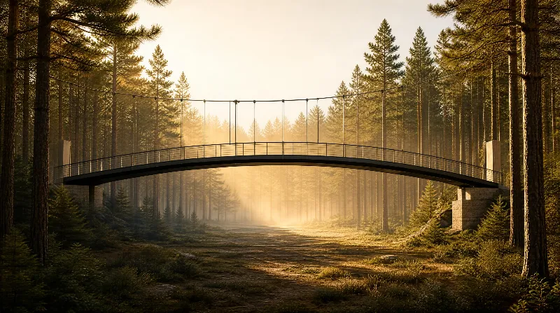 A suspension bridge spans a forest path surrounded by tall pine trees, with golden sunlight filtering through the misty air.