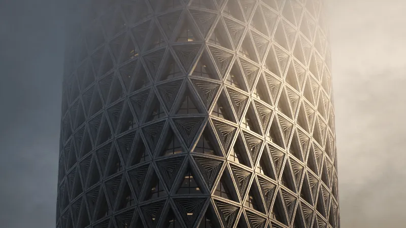 Tower with Parametric Facade — Foggy Morning