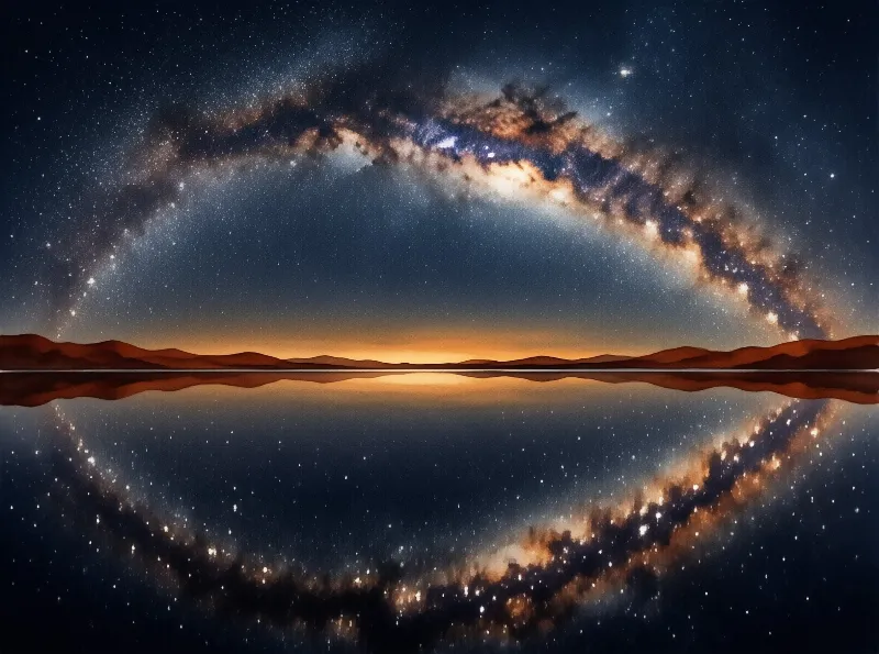 A vast galaxy arc spans the dark sky above reddish desert dunes while the entire scene mirrors perfectly in the calm water below creating symmetry