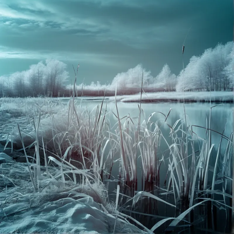 Bleached grasses and snow coated trees line a motionless pond beneath a heavy teal winter cloud cover.