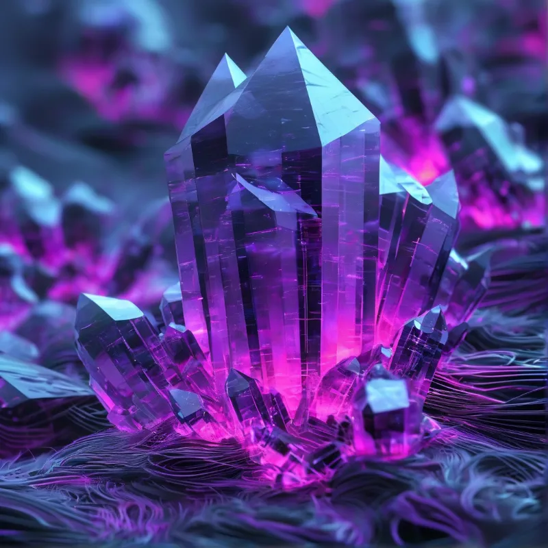 Sharp purple crystals emit a vibrant neon glow while resting on a dark, textured surface resembling dark fibers.