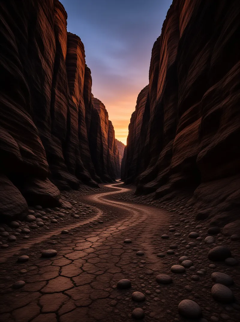 Cracked earth winds through a narrow canyon as tall rock walls catch the warm glow of a distant sunset sky.