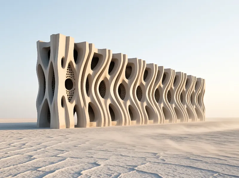 Perforated concrete facade stretches across a sunlit salt flat, mist drifts over rippled pale ground.