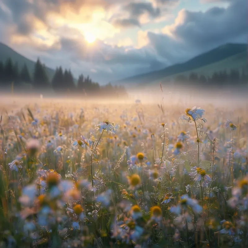 Misty Morning in Flower Field