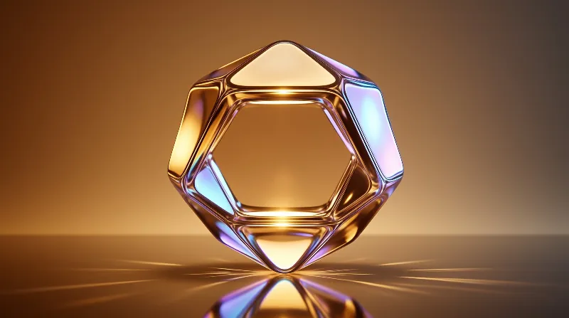 A shiny iridescent geometric shape floats above a reflective surface bathed in warm golden light.