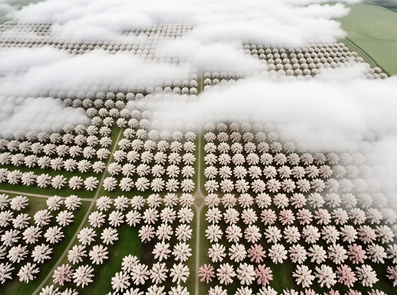 Rows of white and pink blossoming trees form a precise grid above green meadows while low clouds drift across the orchard.