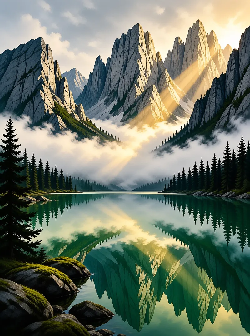 Sunbeams spill over jagged grey peaks and double in a glassy emerald lake ringed by dark evergreens.