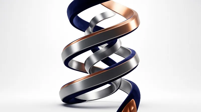 A twisted helix combines brushed silver, copper edges, and deep blue velvet against a plain white background.