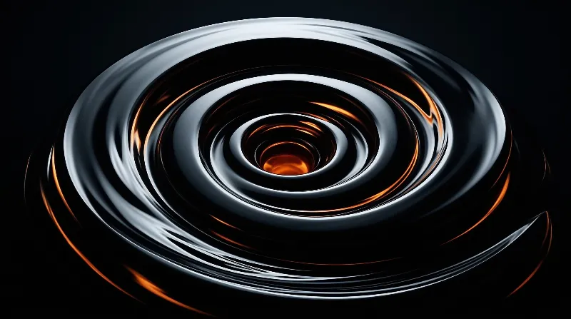 A dark abstract composition of concentric swirling metallic silver ripples with a glowing orange center