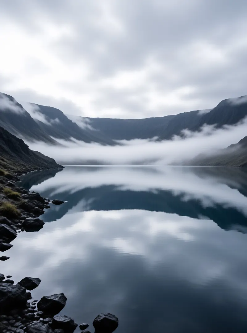 A calm lake mirrors the dark mountain slopes rising above a layer of low hanging clouds.
