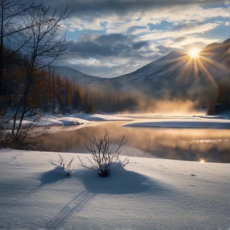 A frozen river winds through a snow-covered valley as sunrise behind misty mountains casts warm golden light.