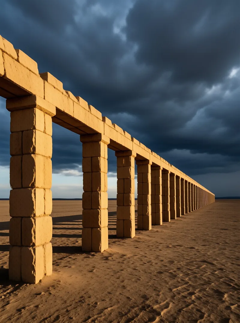 Stone columns stand illuminated by golden sunlight against dark storm clouds over a sandy desert plain.