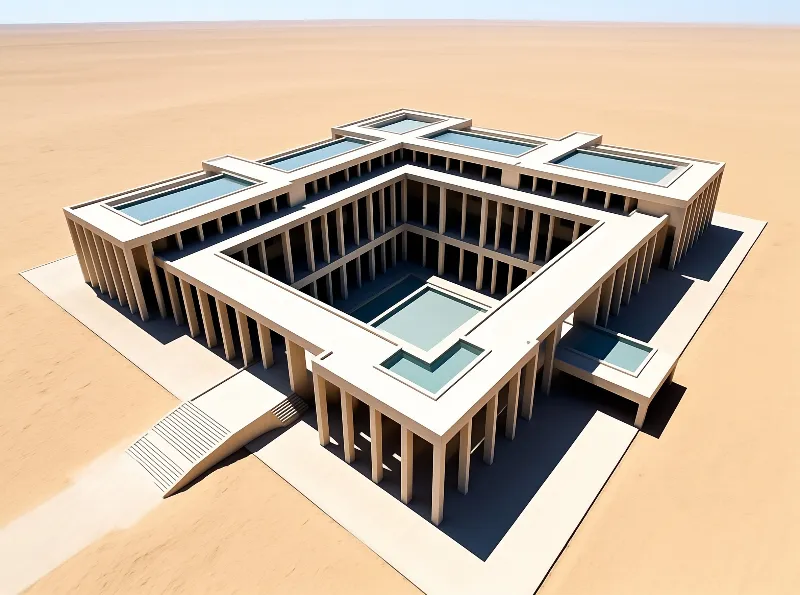 Pale square walls ring an open court of still water, set alone in an endless flat desert.