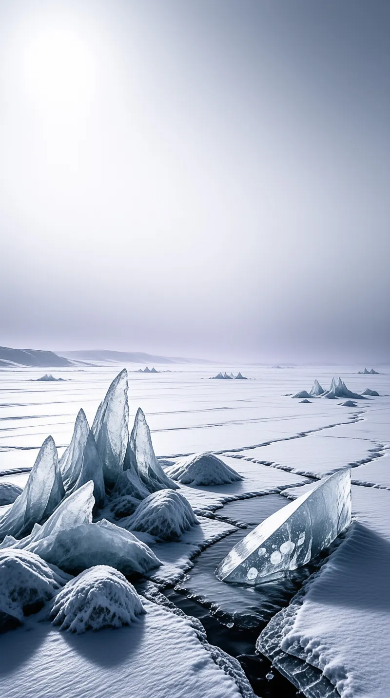 Jagged translucent ice spikes rise from a frozen surface near a dark water channel beneath a pale hazy sky