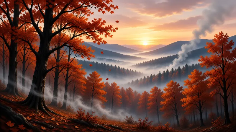 Tall orange maple trees frame a valley of mist and mountains beneath a glowing orange sunset sky.