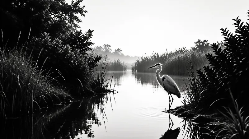 A large white bird rests near the water edge amidst tall dark grasses in a monochromatic landscape.