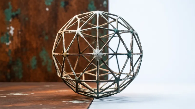 A rusted metal framework sphere rests on a ledge where a brown wall meets a stark white background.