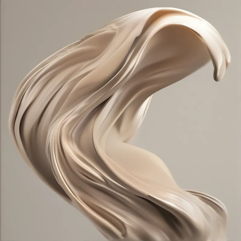 A glossy beige silk-like wave curves elegantly against a smooth neutral grey backdrop with soft lighting.