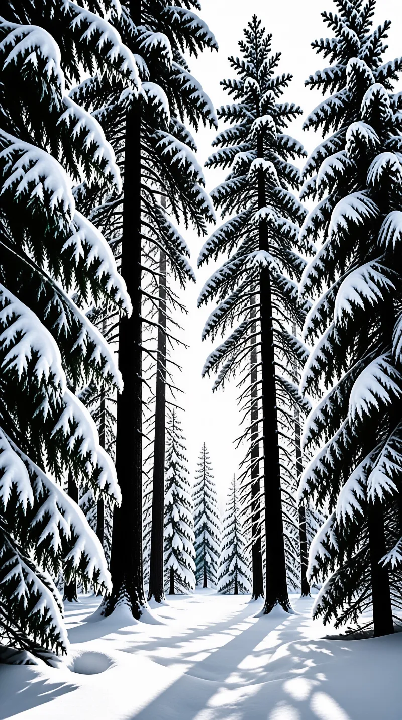 Tall snow covered evergreens line a sunlit snowy path through wintry forest, dappled shadows stretch across the snow.