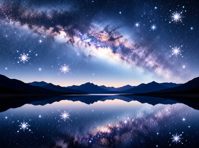 The Milky Way spans a starry sky and mirrors perfectly in a calm lake surrounded by dark mountains.