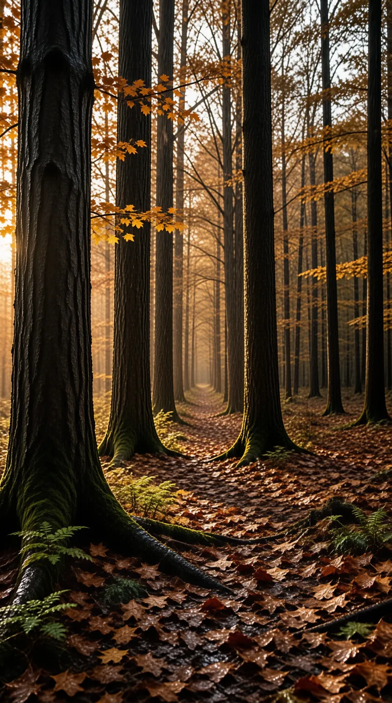 Tall trees line a path covered in brown leaves with bright yellow foliage in the golden autumn light.