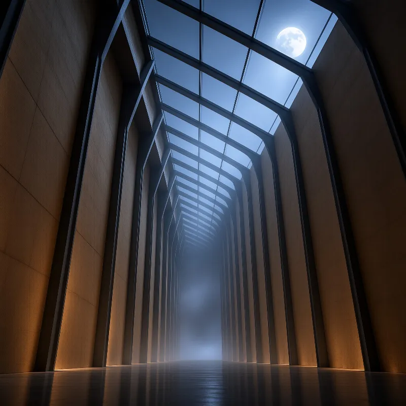 A long arched hallway recedes into fog under a grid glass ceiling showing a bright full moon and blue sky.