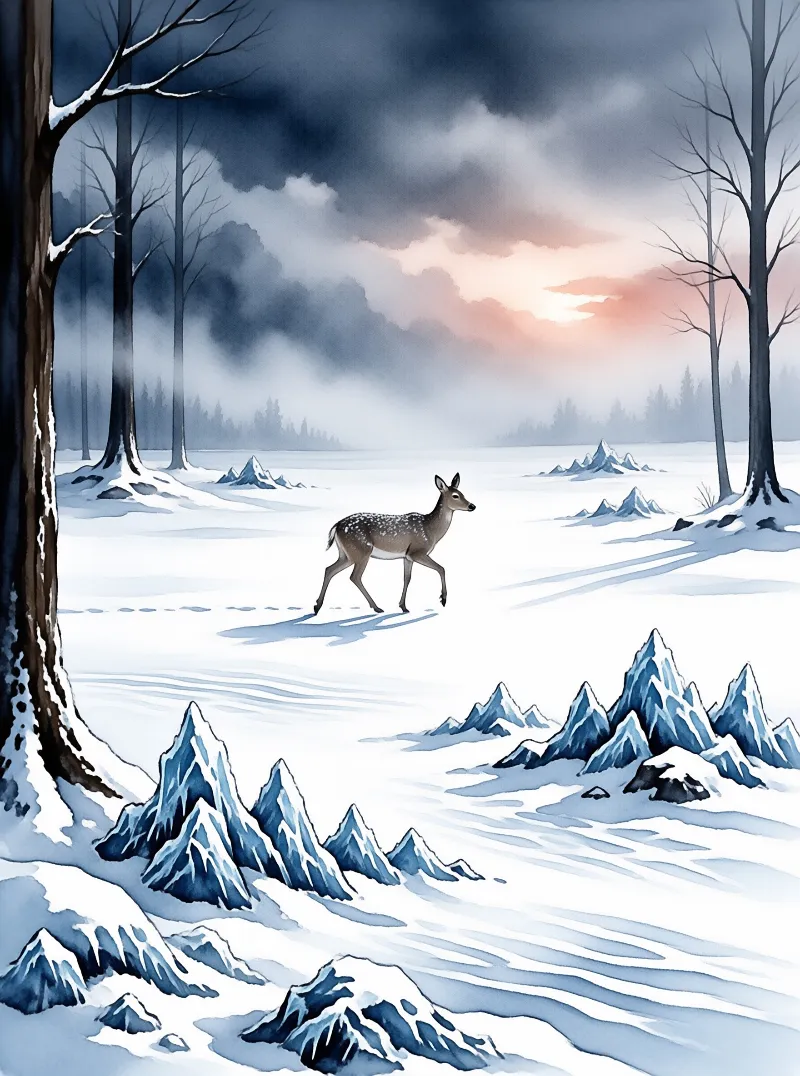 A spotted deer strides across a snowfield painted in soft watercolor with bare trees and icy blue peaks