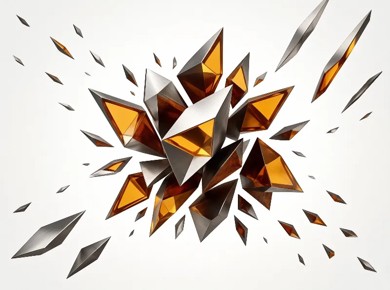Angular geometric shards with silver metal edges and glowing amber cores radiate outward against a plain white background.