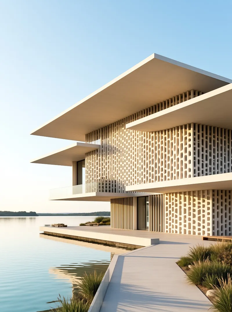 A contemporary building with a perforated facade stands next to a calm lake under a clear blue sky.