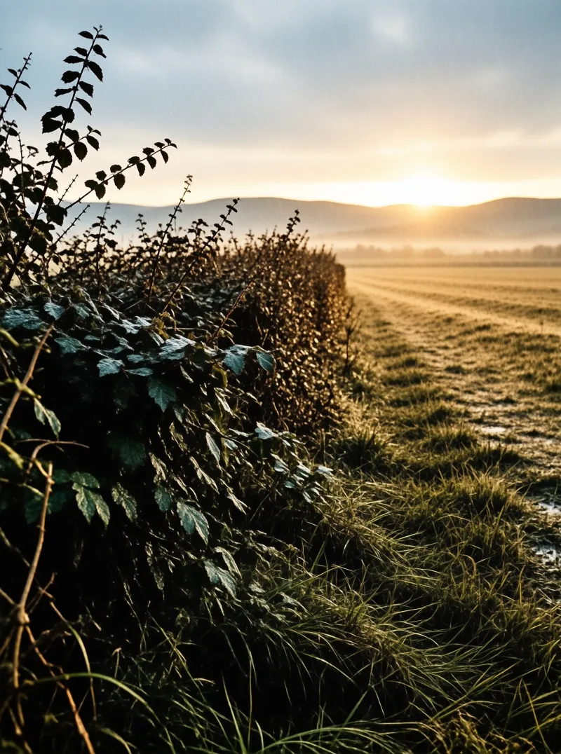 A green hedge lines a grassy field under the warm light of sunrise, with misty hills in the background.