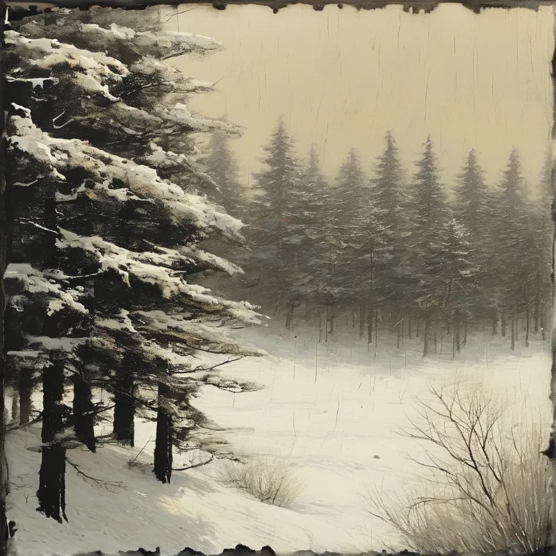 Snow laden evergreen trees dominate the left side of a misty winter landscape featuring a sepia toned background.
