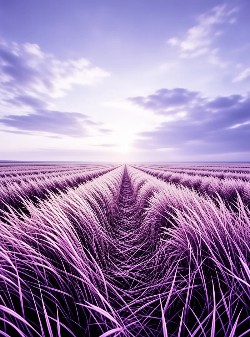A vast field of purple grass stretches toward the horizon where a bright sun shines through clouds