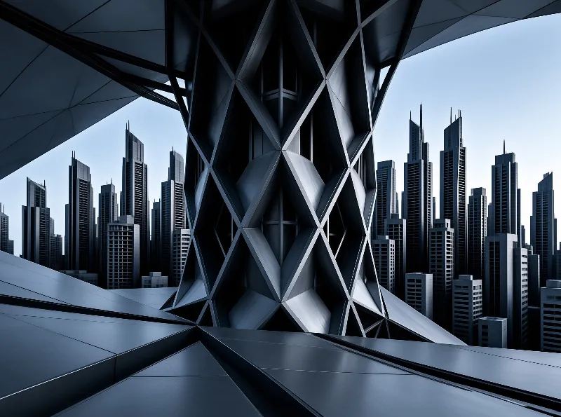 A massive geometric column stands in the foreground framing a dense city skyline under a clear blue sky.