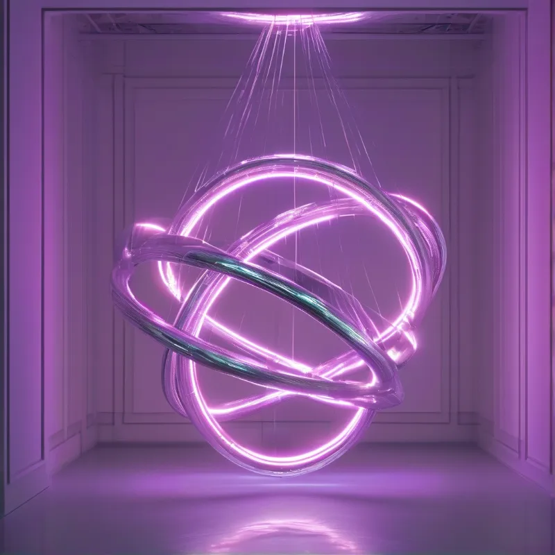 A large glowing purple and teal neon loop hangs suspended by thin wires in a white classical gallery room.