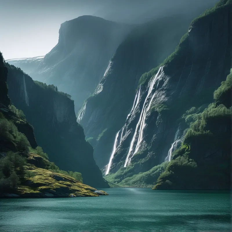Sheer green cliffs flank a deep teal fjord with thin white waterfalls under a hazy morning light.