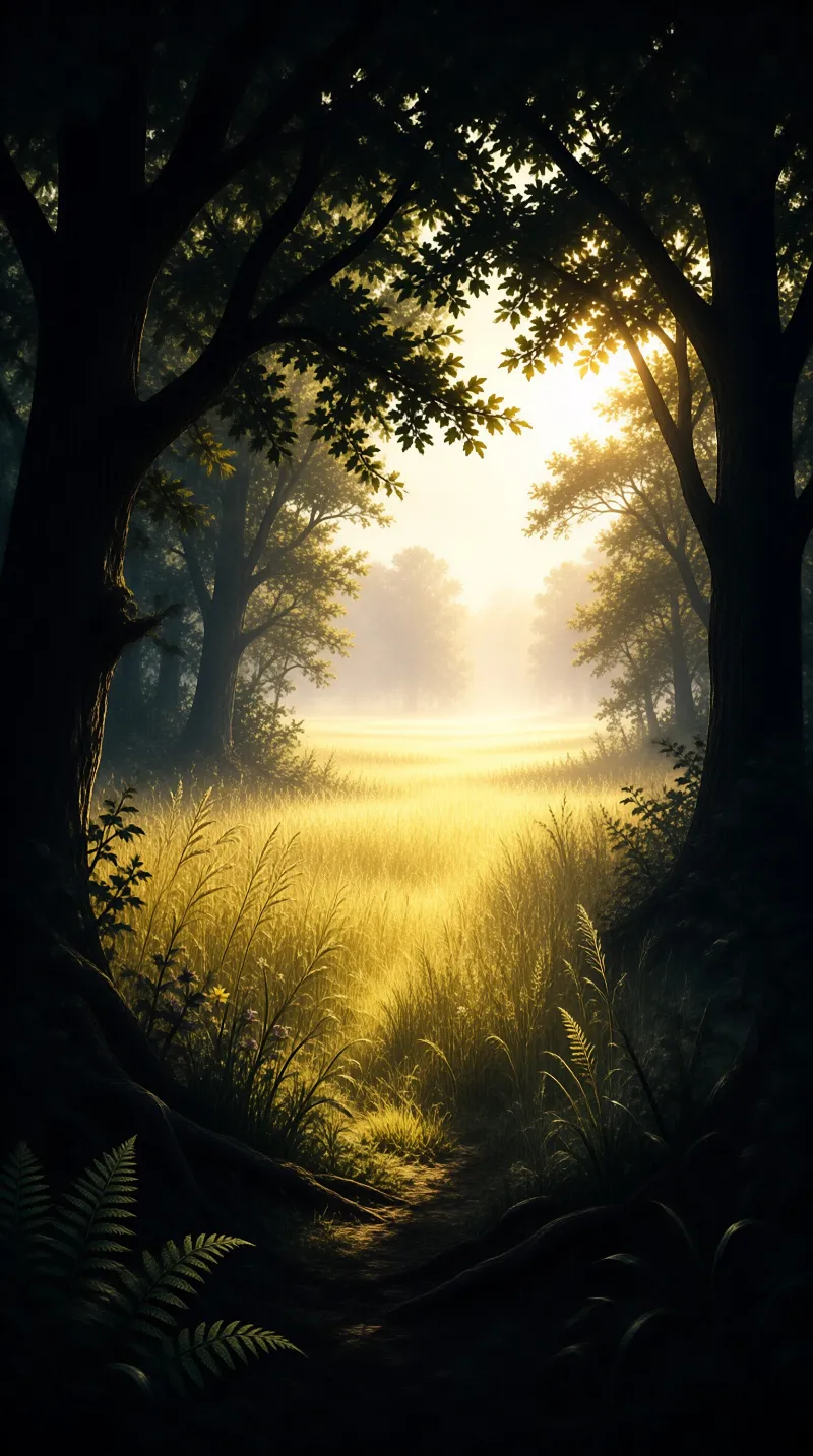 Silhouetted trees frame a sunlit grassy meadow filled with golden mist and bright rays of sunlight.